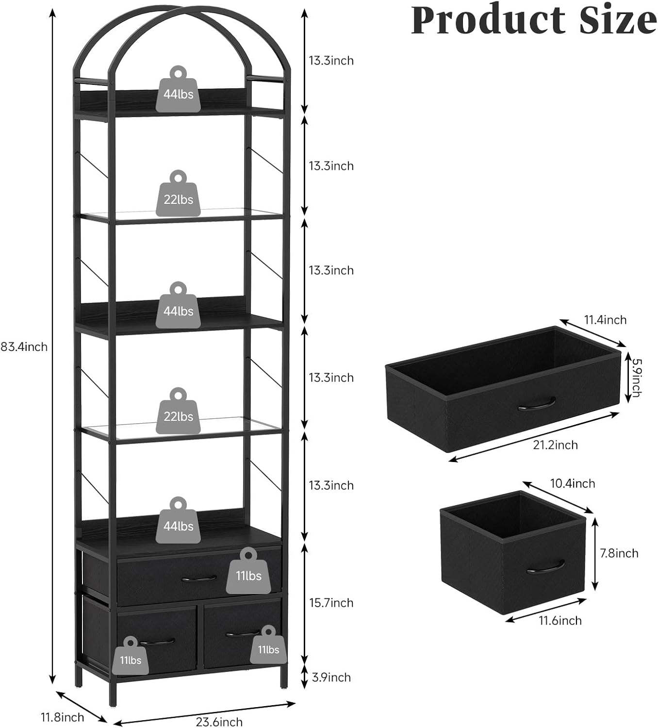 Turosur 83.4' Tall Narrow Bookshelf with 3 Drawers, Arched Bookcase with LED Lignts, 6-Tier Open Bookshelf with Metal Frame, Black