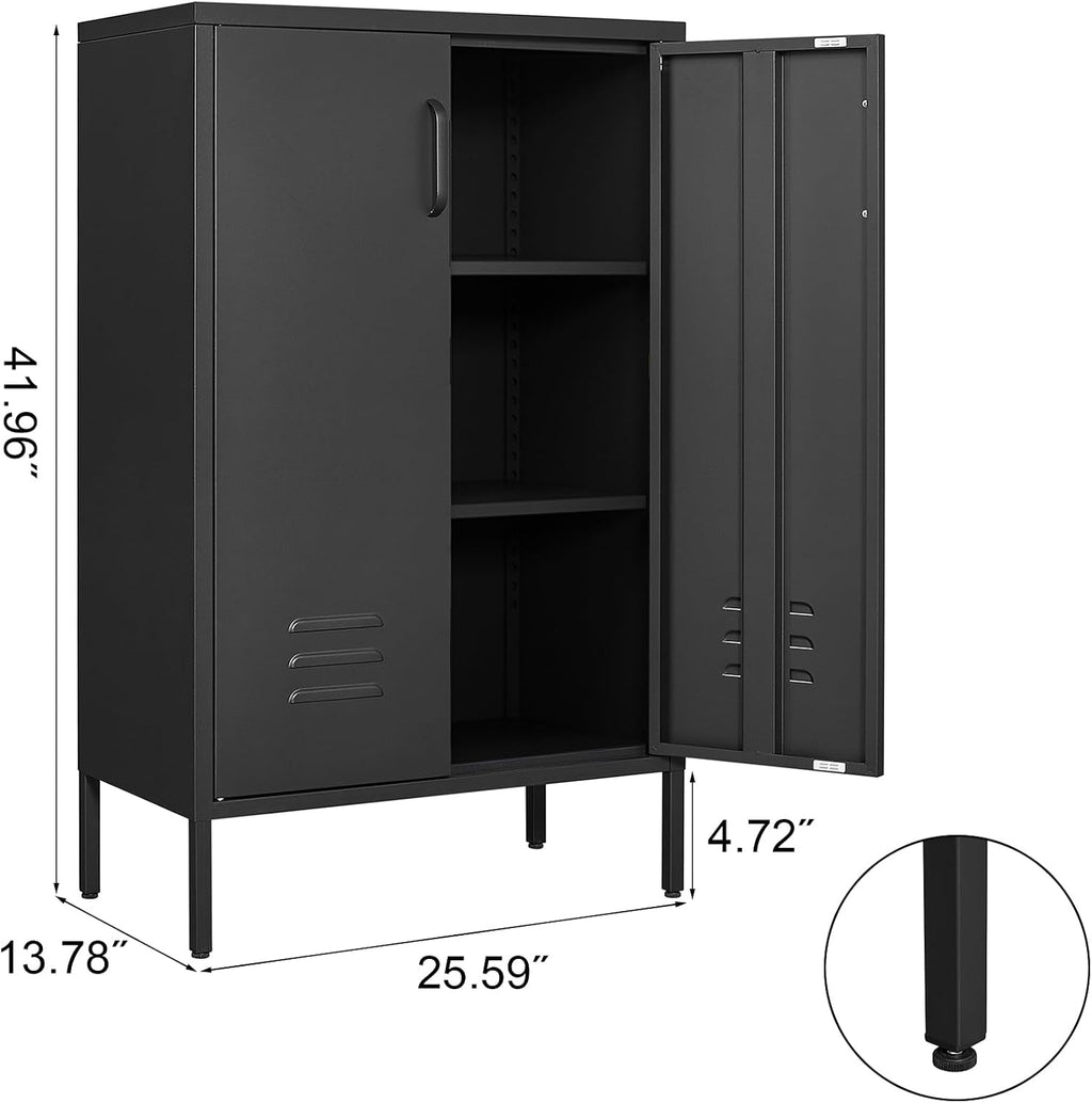 IRONFFICE Metal Storage Cabinet,Metal Cabinets with Doors and Adjustable Shelves,2 Door Locker Storage Cabinets with Legs,Morden Accent Cabinets for Living Room,Home Office,Black