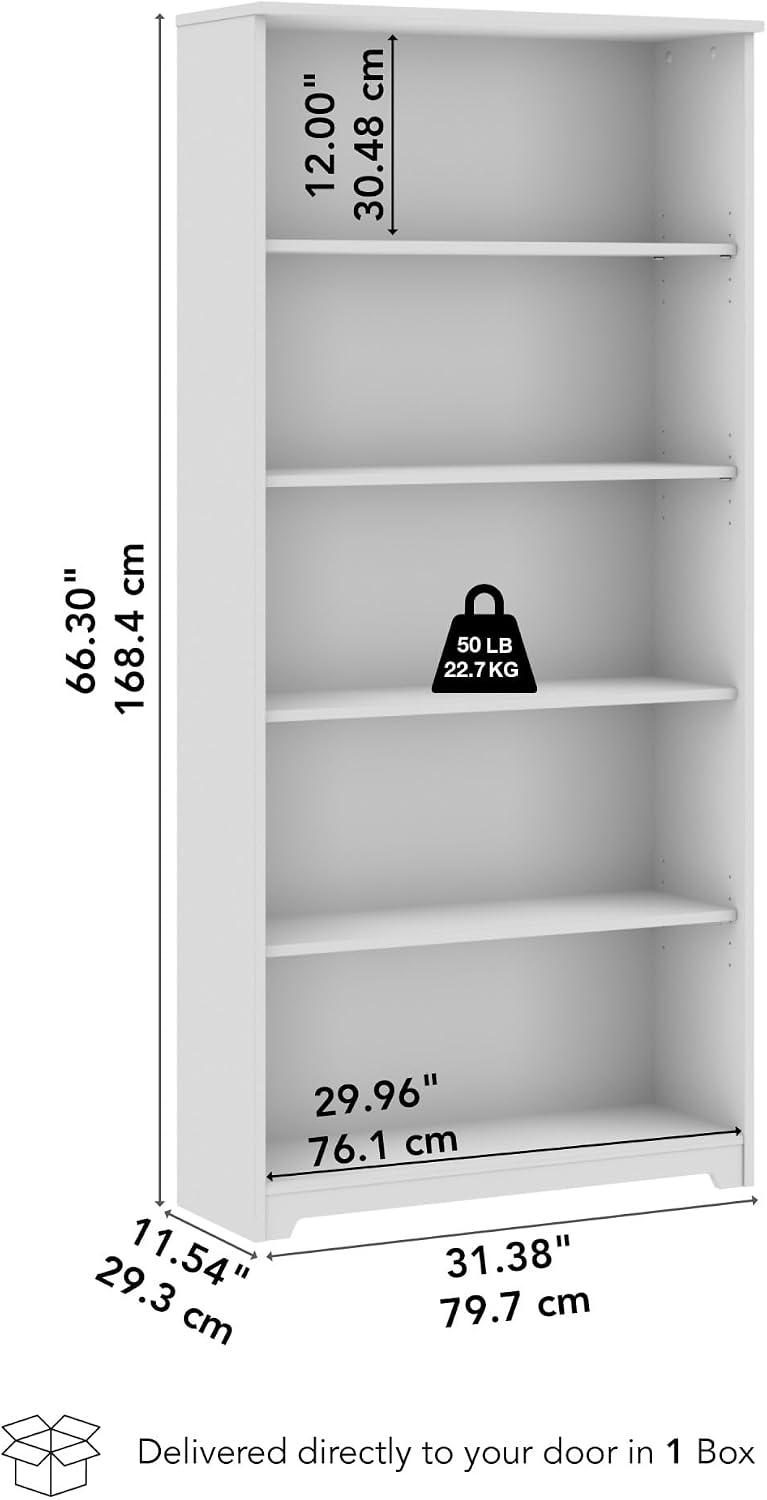 Bush Home Tall 5 Shelf Bookcase, Large Open Bookshelf, Sturdy Display Cabinet for Living Room or Home Office, Cabot Collection, White
