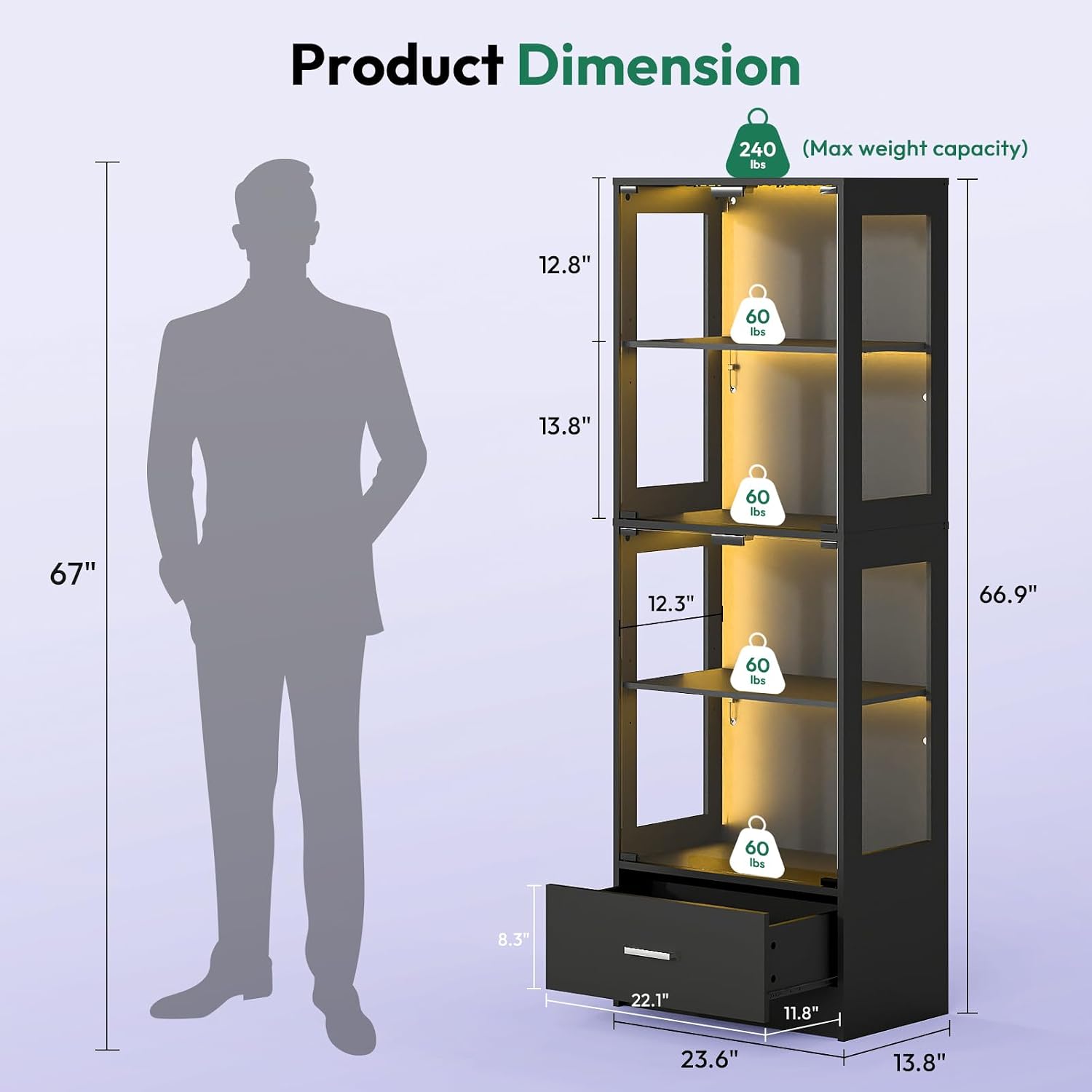 Lamtor 67-inch Glass Display Cabinet – Curio Cabinet with RGB LED Lights, 1 Drawer & Anti-Tip Design for Collectibles, Figures, Living Room | Black