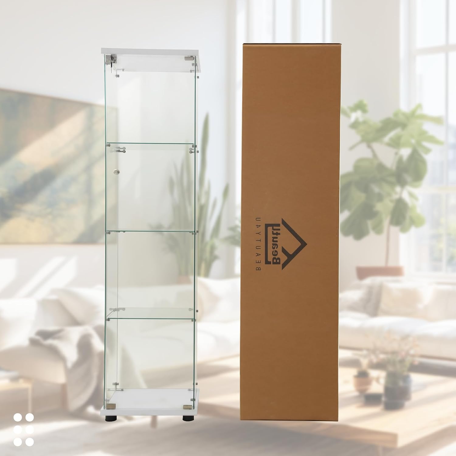 Beauty4U Glass Display Cabinet with 4 Shelves, Curio Cabinets for Living Room, Bedroom, Office, White Floor Standing Glass Bookshelf, Quick Installation