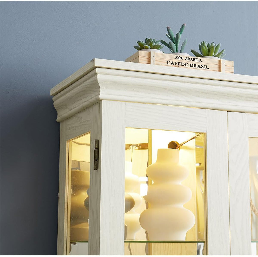 Lighted Glass Curio Cabinet with Lights & Adjustable Shelves,White Corner Curio Display Cabinet with Wood Frame (Free Standing,Light Bulb Include)