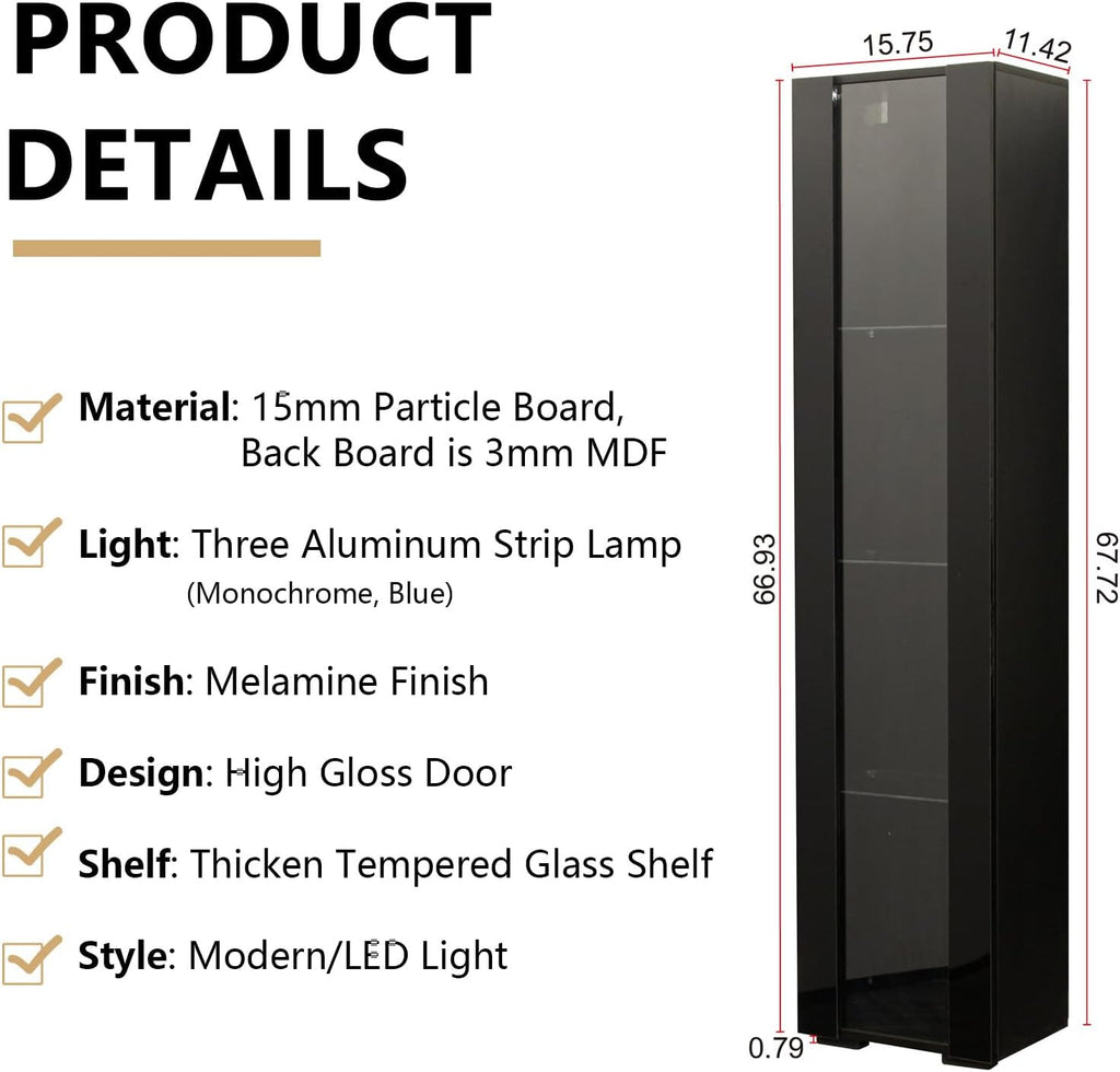 67' LED Display Cabinet with 4 Glass Shelves & 1 Door, Modern Curio Cabinet Collection Display Case Storage Cabinet, High Gloss Floor Standing Bookshelf for Living Room Bedroom Office (Black)