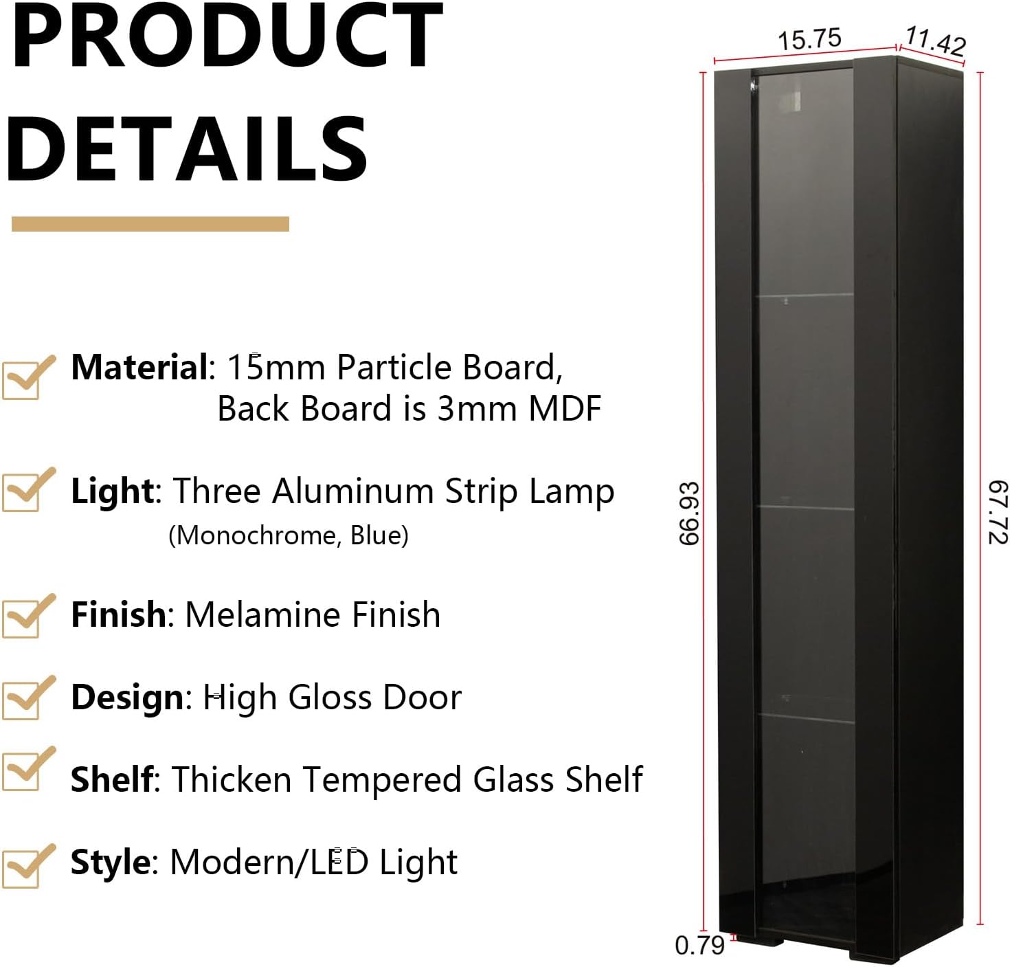67' LED Display Cabinet with 4 Glass Shelves & 1 Door, Modern Curio Cabinet Collection Display Case Storage Cabinet, High Gloss Floor Standing Bookshelf for Living Room Bedroom Office (Black)