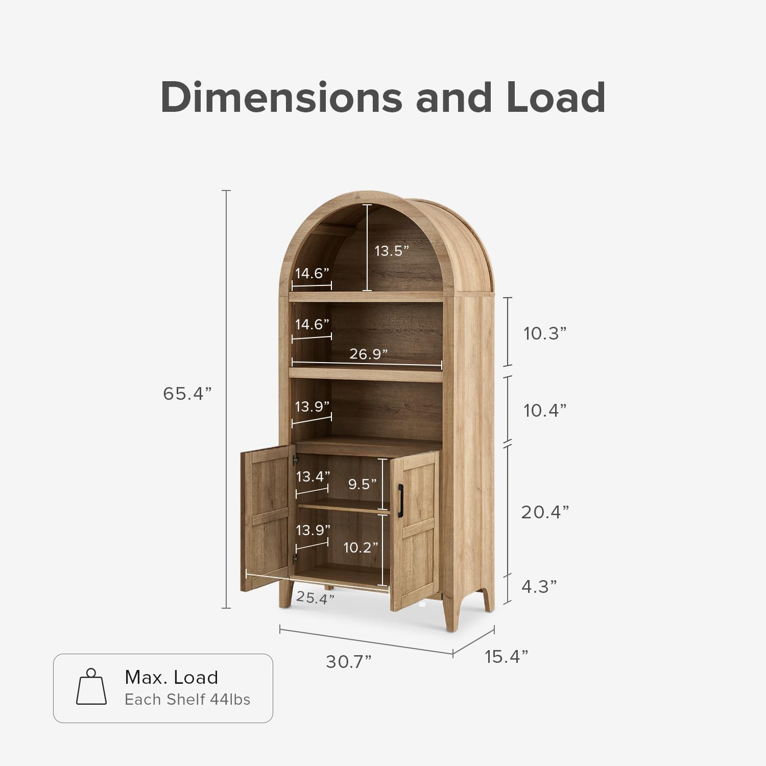 mopio Lauren 65.4' Short Arched Cabinet, the Original 5-Tier Bookcase with Doors and Shelves, Mini Arch Bookshelf with Storage, Wooden Storage Cabinet for Living Room and Kitchen Pantry (Oak)