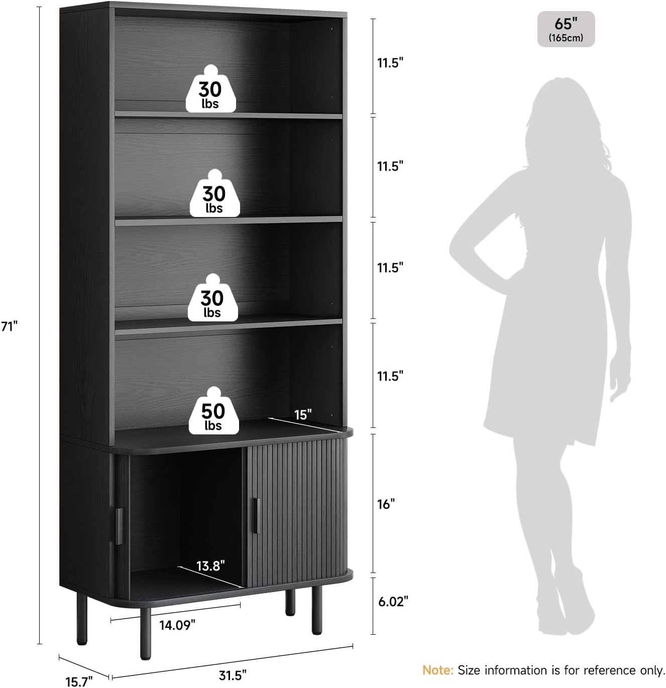 ONBRILL 71' Tall Bookshelf, 4-Tier Bookcase with Storage Cabinet & Adjustable Shelves, Floor Standing Wooden Bookshelf with Sliding Door and Adjustable Footpad, for Home Office, Living Room, Black