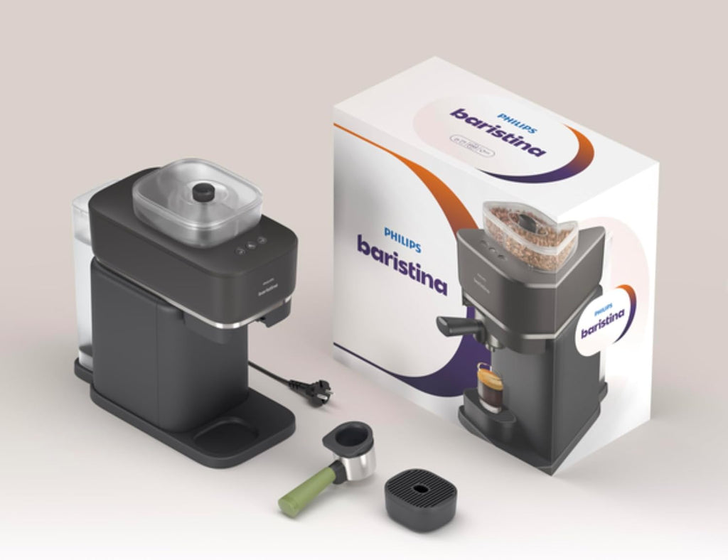 Philips Baristina Espresso Machine, Grind, Tamp & Brew Coffee Beans in One Swipe, Compact, 16 Bar Pump Pressure, Automatic Grinder, Black with Natural Green Portafilter (BAR321/64)