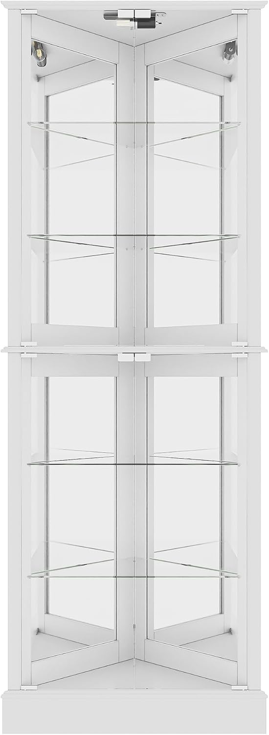 BELLEZE Lighted Accent Corner Display Curio Cabinet with Tempered Glass Doors and Shelves, Classic Wood Cabinet w/Bulb, Corner Curio Storage Rack for Living Room, Bed-Room and Kitchen (White)