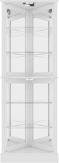 BELLEZE Lighted Accent Corner Display Curio Cabinet with Tempered Glass Doors and Shelves, Classic Wood Cabinet w/Bulb, Corner Curio Storage Rack for Living Room, Bed-Room and Kitchen (White)