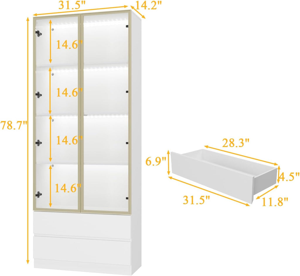 Curio Display Cabinet with Light, Storage Shelves with Pop-up Glass Doors, 2 Drawers & 3 Color Light, Collectibles Cabinet Display Shelf, Bookshelf Showcase for Living Room, White w/Drawer