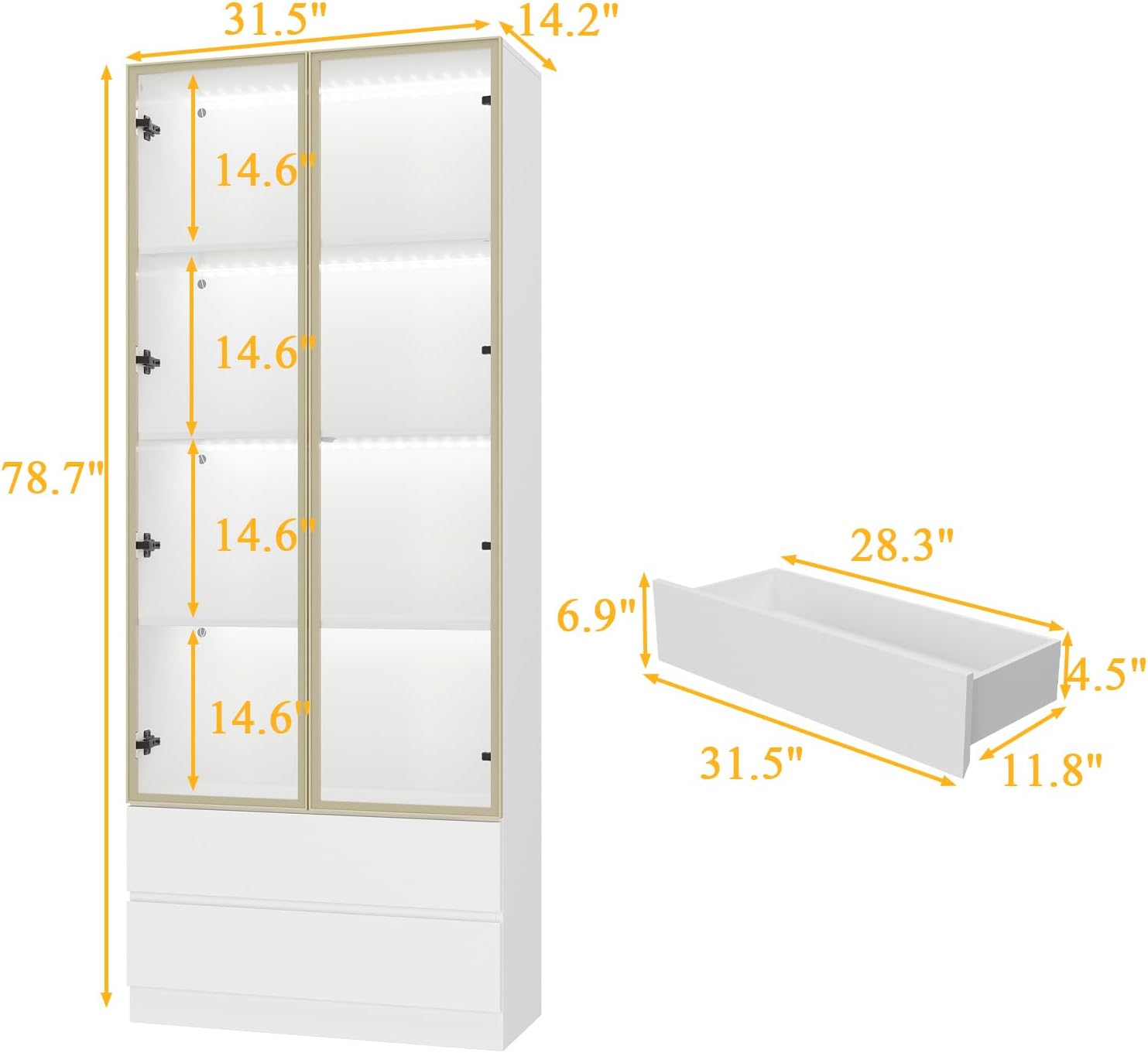 Curio Display Cabinet with Light, Storage Shelves with Pop-up Glass Doors, 2 Drawers & 3 Color Light, Collectibles Cabinet Display Shelf, Bookshelf Showcase for Living Room, White w/Drawer