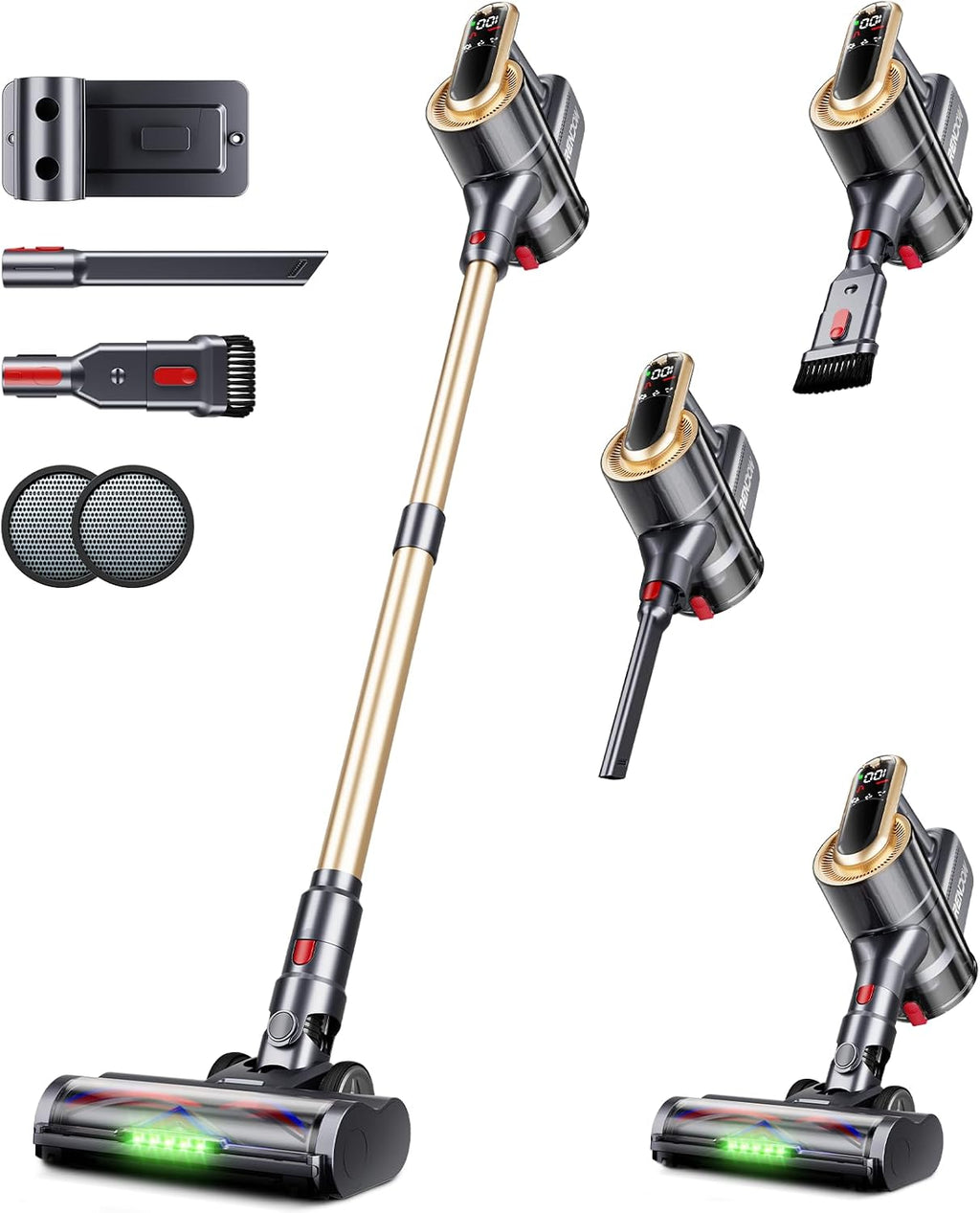 RENDOW Cordless Vacuum Cleaner, 65Mins 550W 45Kpa Stick Vacuum, Self-Standing Vacuum Cleaners for Home with LED Display, Anti-Tangle Rechargeable Vacuum Cordless for Pet Hair/Carpet/Hard Floor