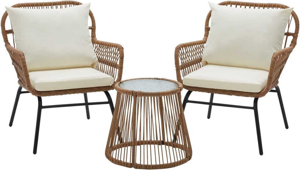 EROMMY 3-Piece Patio Conversation Bistro Set, Outdoor All-Weather Wicker Balcony Furniture with Tempered Glass Top Table & 2 Wide Ergonomic Armchairs, Seat Cushions for Porch, Backyard, White