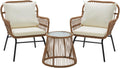 EROMMY 3-Piece Patio Conversation Bistro Set, Outdoor All-Weather Wicker Balcony Furniture with Tempered Glass Top Table & 2 Wide Ergonomic Armchairs, Seat Cushions for Porch, Backyard, White