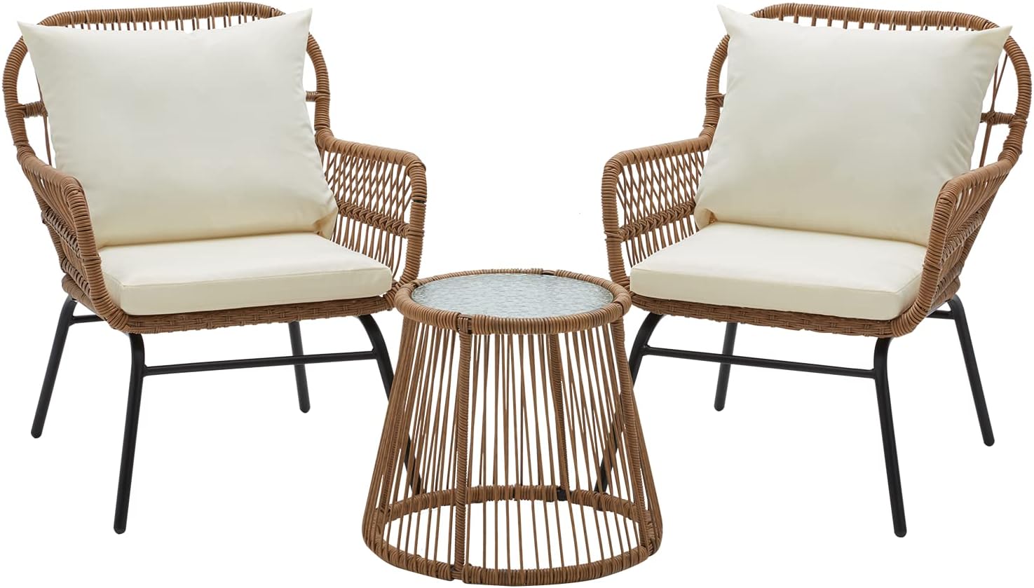 EROMMY 3-Piece Patio Conversation Bistro Set, Outdoor All-Weather Wicker Balcony Furniture with Tempered Glass Top Table & 2 Wide Ergonomic Armchairs, Seat Cushions for Porch, Backyard, White