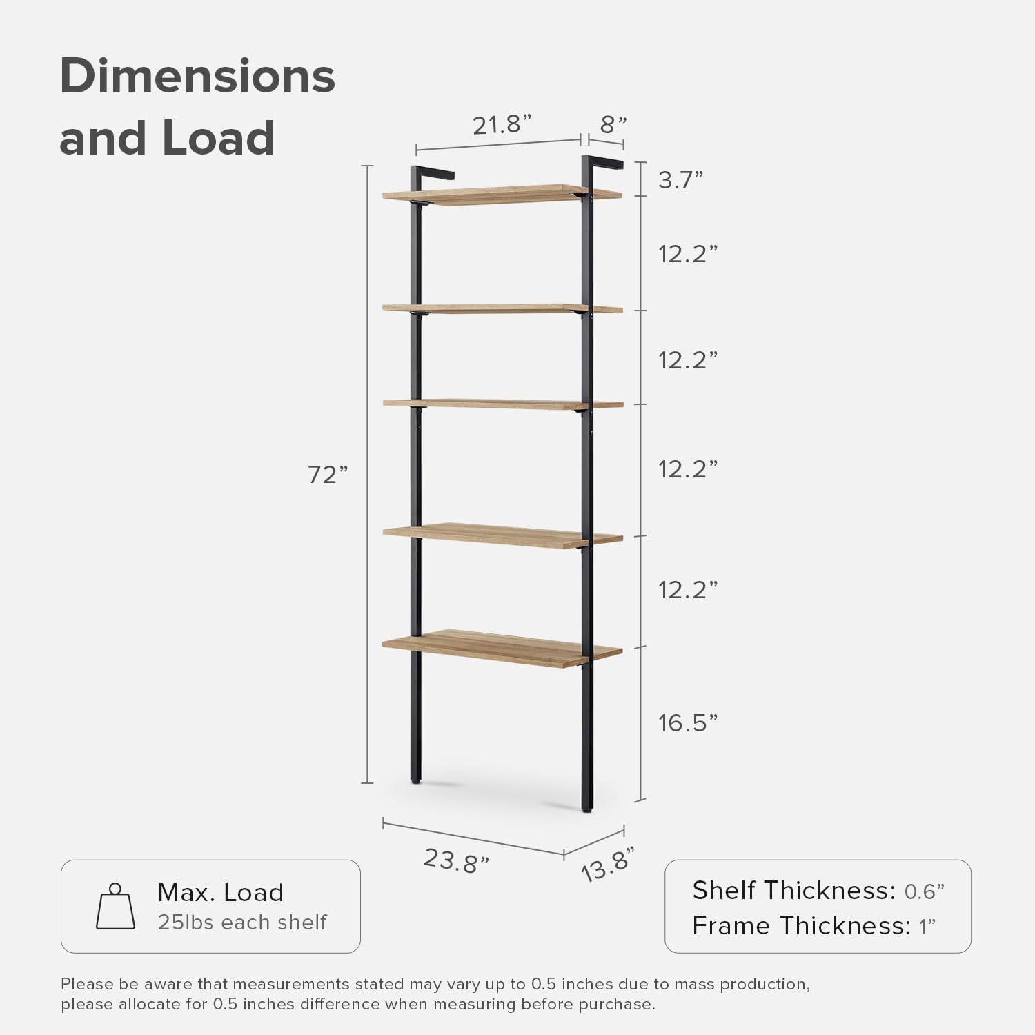 mopio Norwin Ladder Book Shelf, Wall-Mount Storage Rack, Wall Bookshelf, Farmhouse Industrial Bookcase, Narrow Slim Organizer, Steel Frame Display Shelves, Living Room, Bedroom (5-Tier Shelf Double)