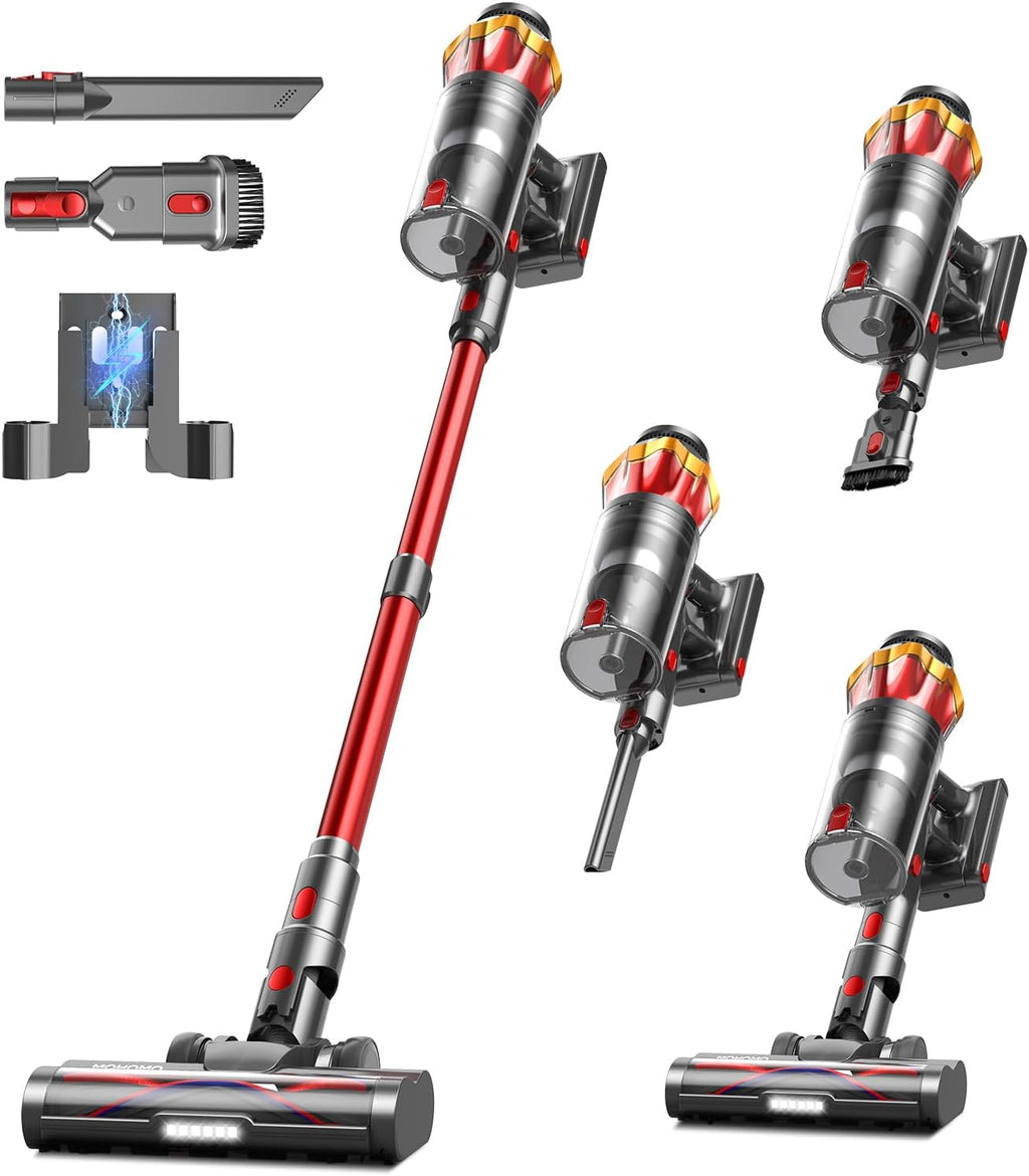 Cordless Vacuum Cleaner, 650W/55KPa 70Mins Vacuum Cleaners for Home, Self-Standing Stick Vacuum with Anti-Tangle Brush & OLED Touch Screen, Vacuum Cleaner for Hardwood Floors,Carpet,Pet Hair,Car (Red)