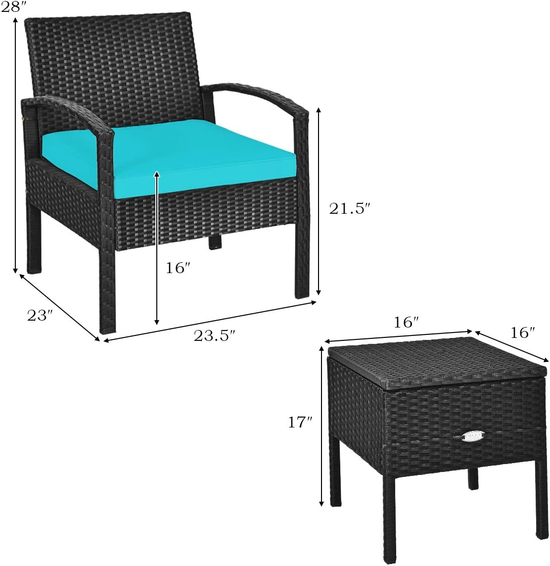 COSTWAY Rattan Patio Furniture Set 3 Pieces, Wicker Conversation Set with Tempered Glass Coffee Table, Seat Cushions, Outdoor Chair Wicker Sofa for Backyard Balcony Porch Poolside, Turquoise