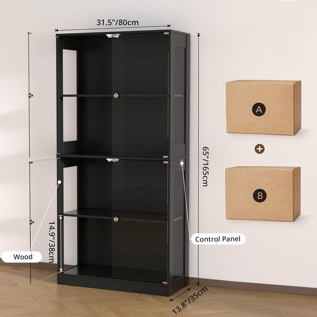 VOWNER 65'' Display Cabinet with Glass Door, 4-Tier Curio Cabinet for Collectibles Trophy, Glass Display Case with Human Body Sensor, 3 Color Lights, Bookcase Storage Cabinets for Living Room, Study