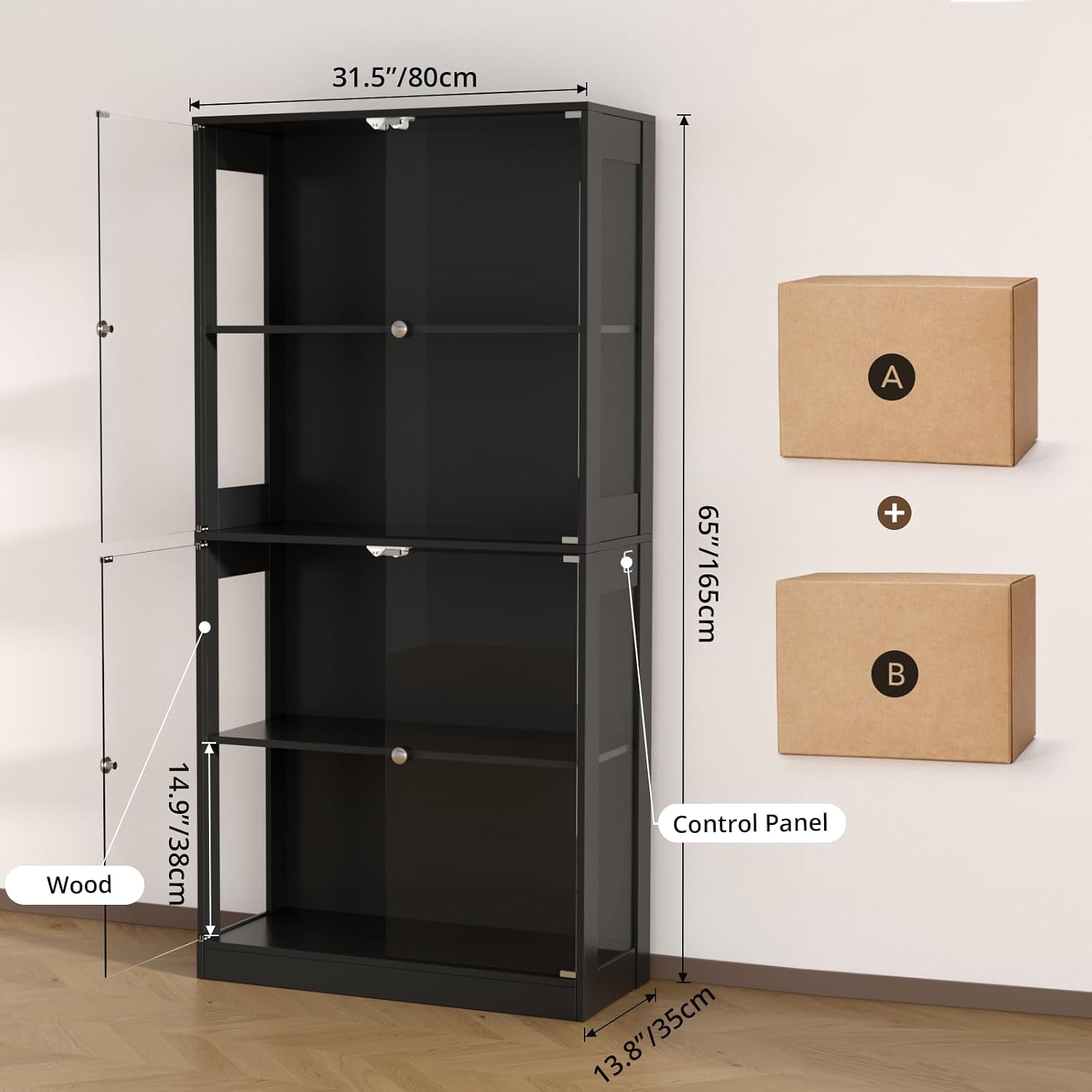 VOWNER 65'' Display Cabinet with Glass Door, 4-Tier Curio Cabinet for Collectibles Trophy, Glass Display Case with Human Body Sensor, 3 Color Lights, Bookcase Storage Cabinets for Living Room, Study