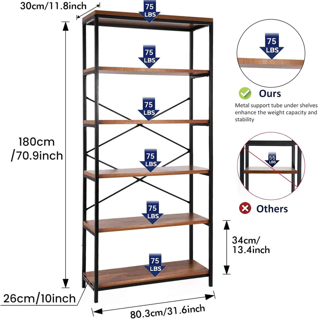 Himimi 6-Tier Bookshelf Set of 2,Tall Bookcase Industrial Wood Storage Rack with Open Book Shelves,Modern Metal Standing Organizer,Vintage Display Rack for Living Room, Office, Bedroom, Rustic Brown