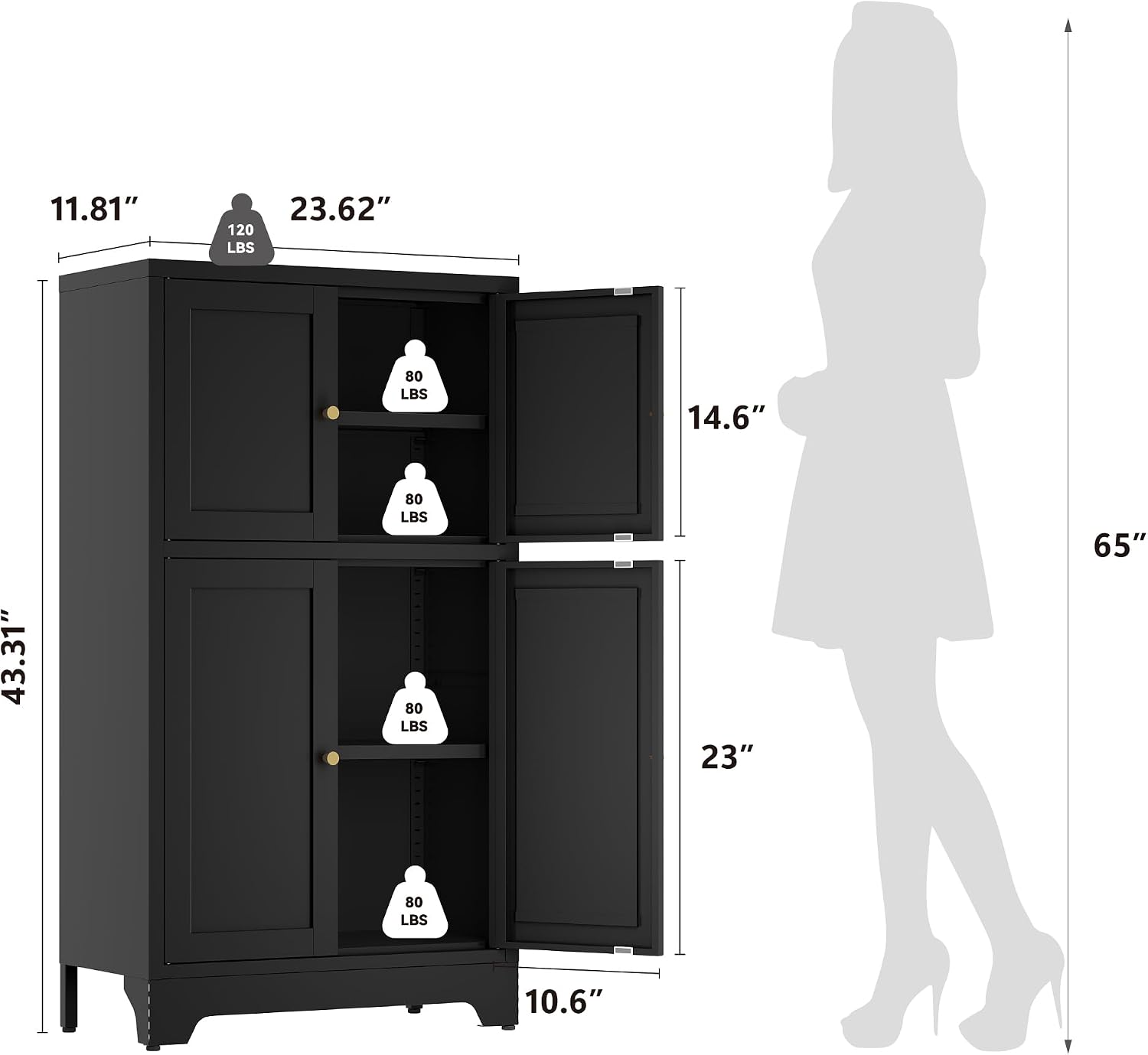 YAUWOH Bathroom Floor Cabinet, Metal Storage Cabinet with 2 Adjustable Shelves & 4 Doors,Freestanding Sideboard for Dining Room,Living Room, Home Office(1PC,Black)