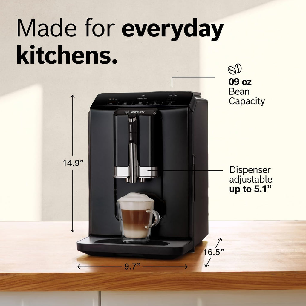 Bosch Fully Automatic Coffee and Espresso Machine - One-Touch Drinks, Barista Quality Super Coffee Maker - Touch Control Panel, Large Bean Capacity - Easy Clean, Maintenance - Black - TIU20109
