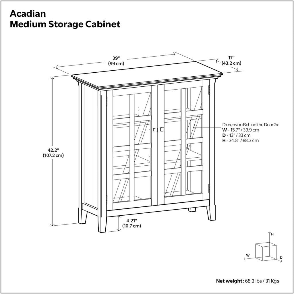 SIMPLIHOME Acadian Storage Cabinet - 39 inch Wide Solid Wood 6-Shelf Medium Storage Cabinet in Distressed Coastal Blue, Transitional Cabinet with Glass Doors for Living Room with Adjustable Shelves
