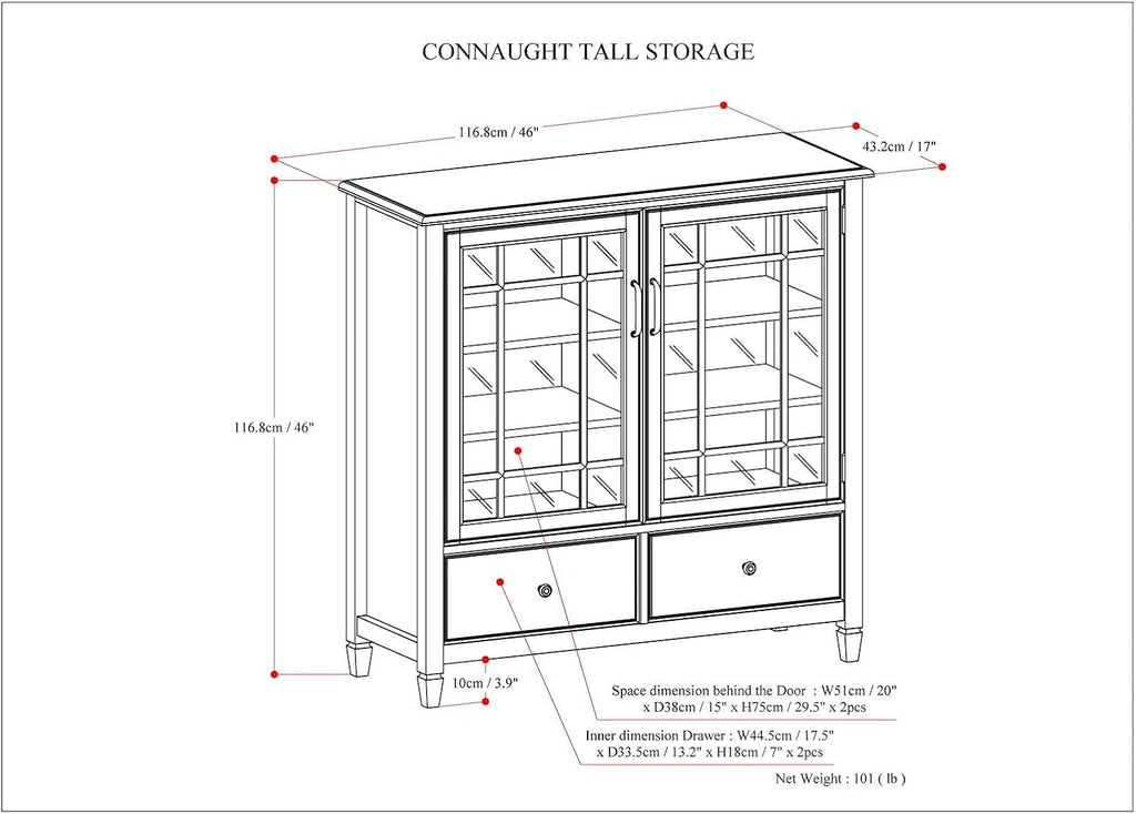 SIMPLIHOME Connaught Storage Cabinet - 46 inch Wide Solid Wood Tall Cabinet in Antique White, Traditional Console for Living Room or Dining Room with Glass Doors, Adjustable Shelves, and Drawers