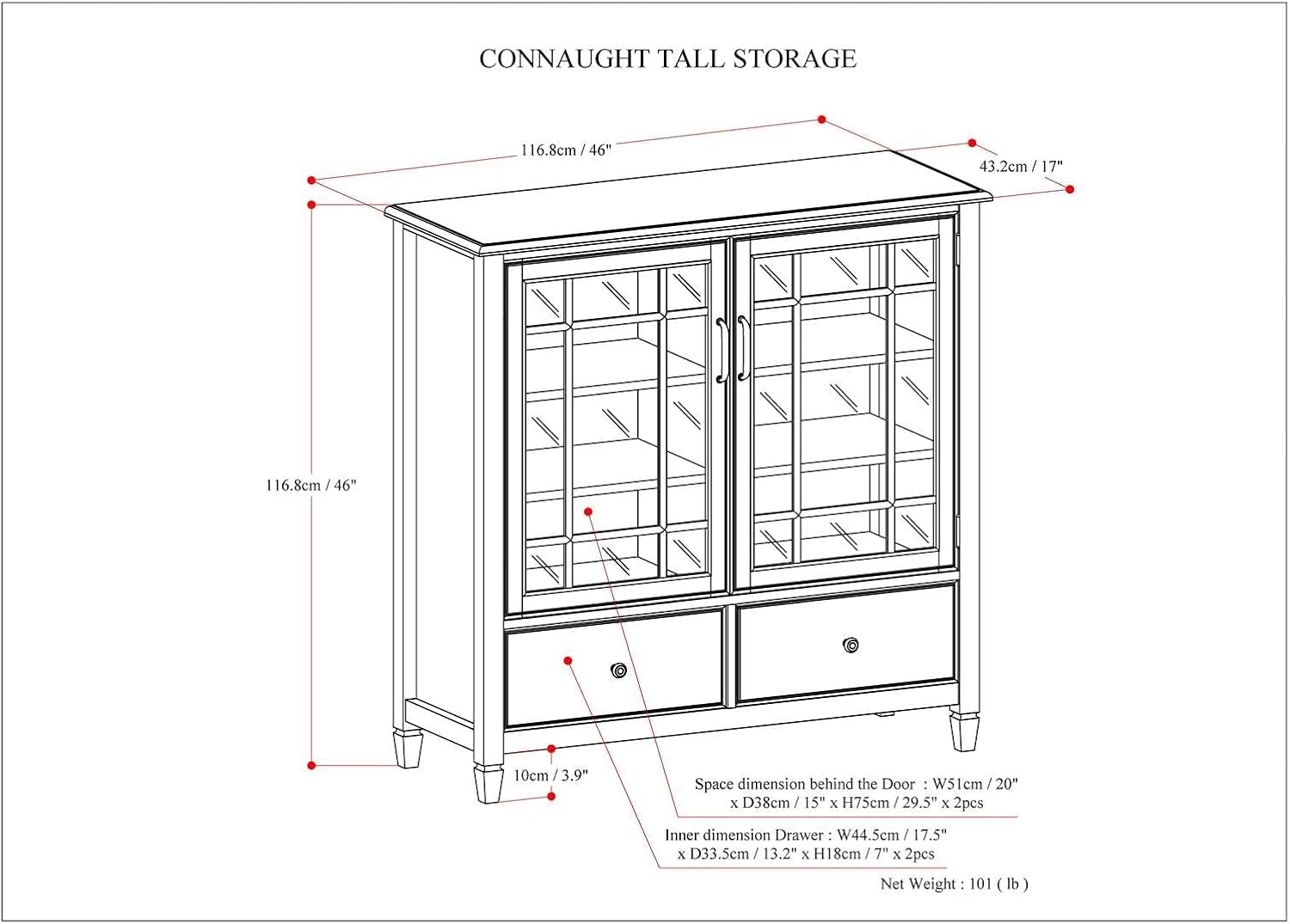 SIMPLIHOME Connaught Storage Cabinet - 46 inch Wide Solid Wood Tall Cabinet in Antique White, Traditional Console for Living Room or Dining Room with Glass Doors, Adjustable Shelves, and Drawers