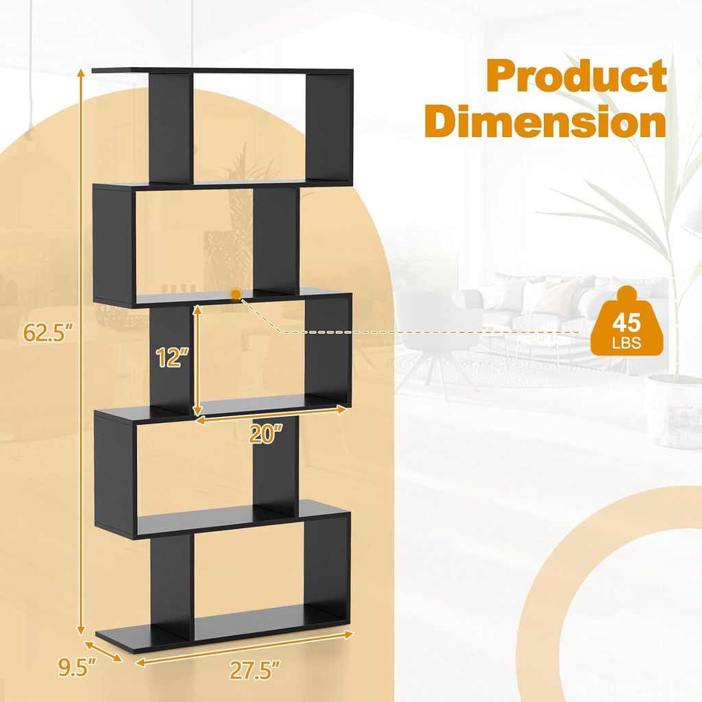 Tangkula 5-Tier Geometric Bookshelf, S Shaped Bookcase w/Anti-Toppling Device, Freestanding Room Divider, Industrial Home Office Decor Wood Open Storage Display Shelf for Living Room (2, Black)