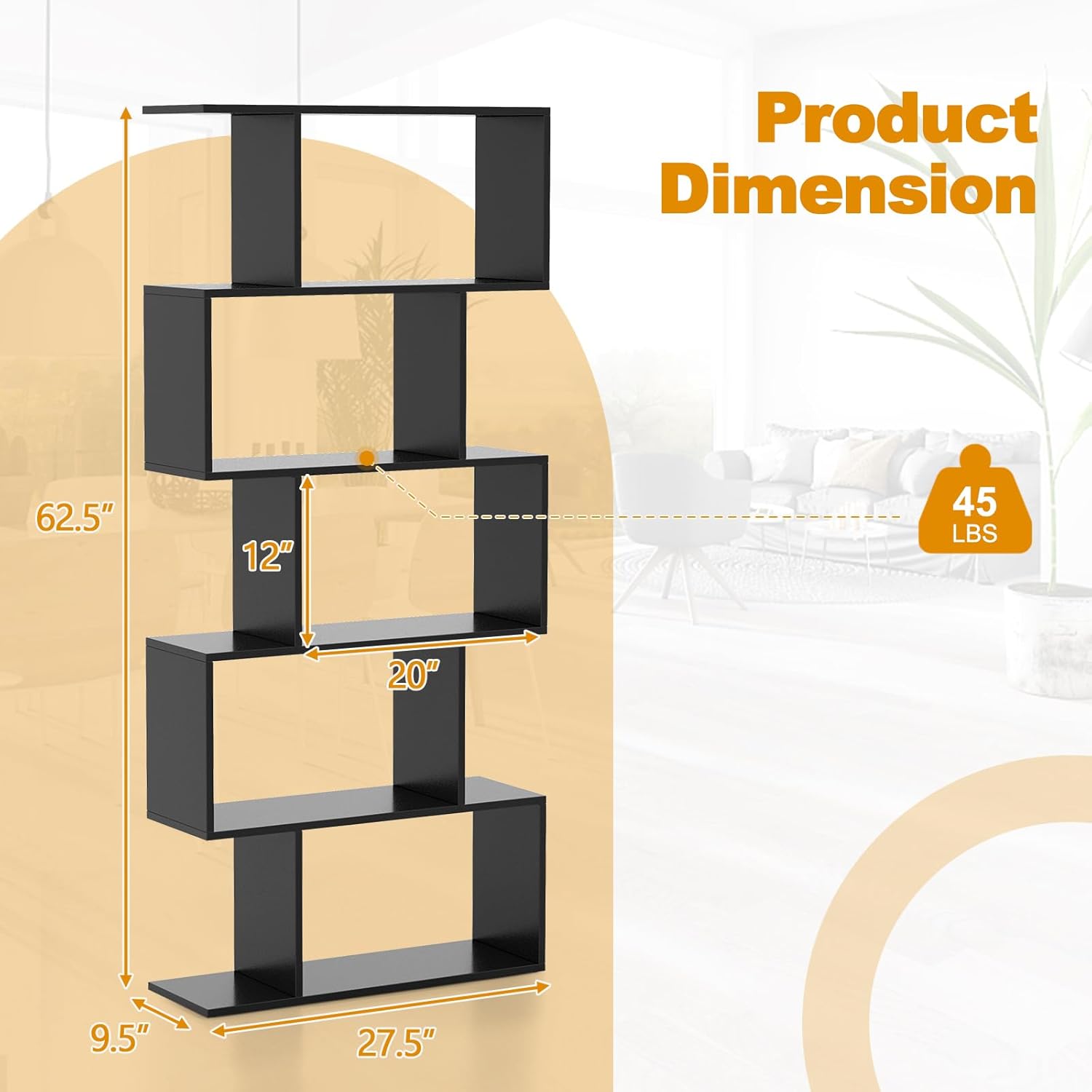 Tangkula 5-Tier Geometric Bookshelf, S Shaped Bookcase w/Anti-Toppling Device, Freestanding Room Divider, Industrial Home Office Decor Wood Open Storage Display Shelf for Living Room (2, Black)