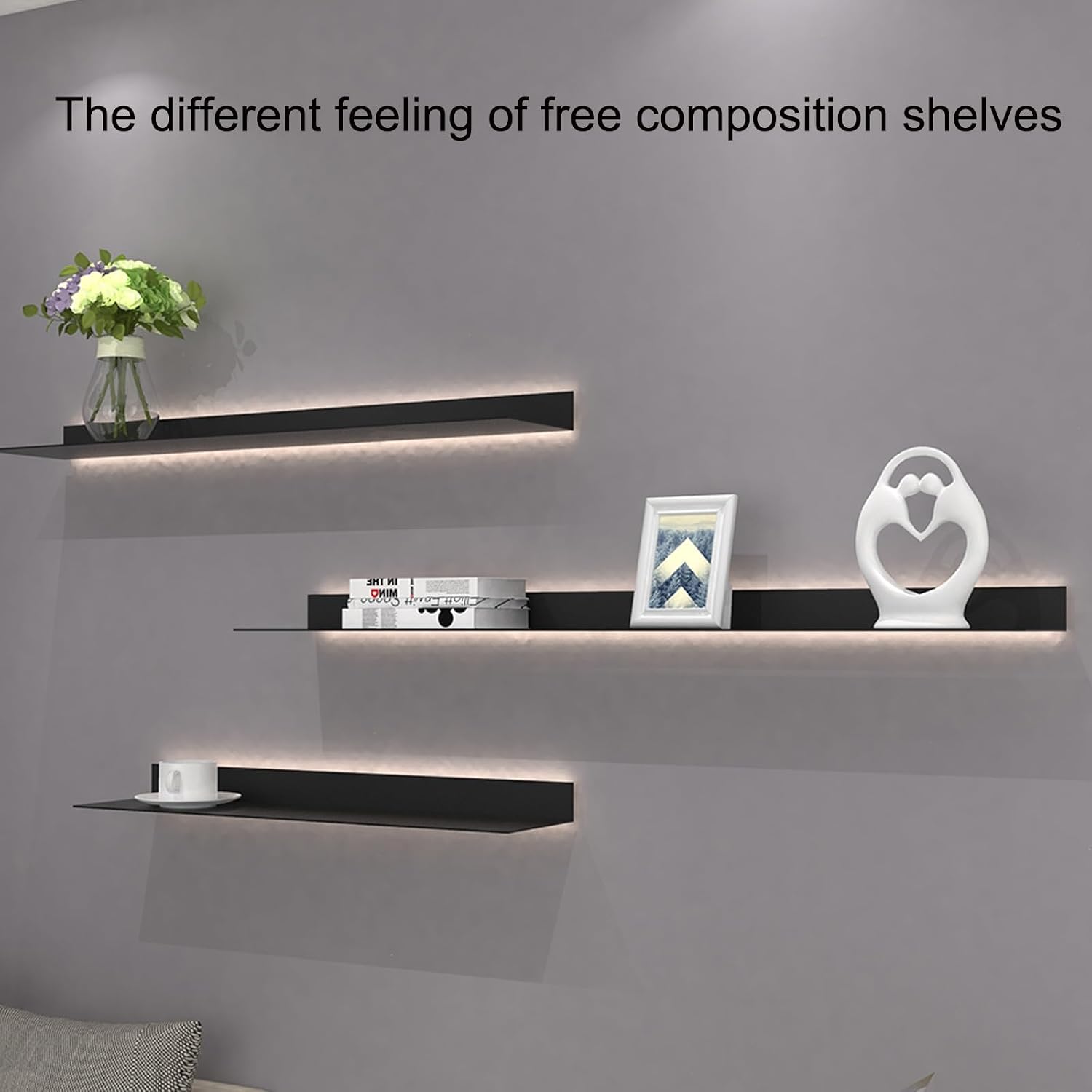EMYJAY Light-Emitting Shelves，Wall Mounted Light-Emitting Shelves Floating Display Shelf Can Light Up The Room Various Decorations and Photo Frames (Color : Black, Size : 150x20x6cm)