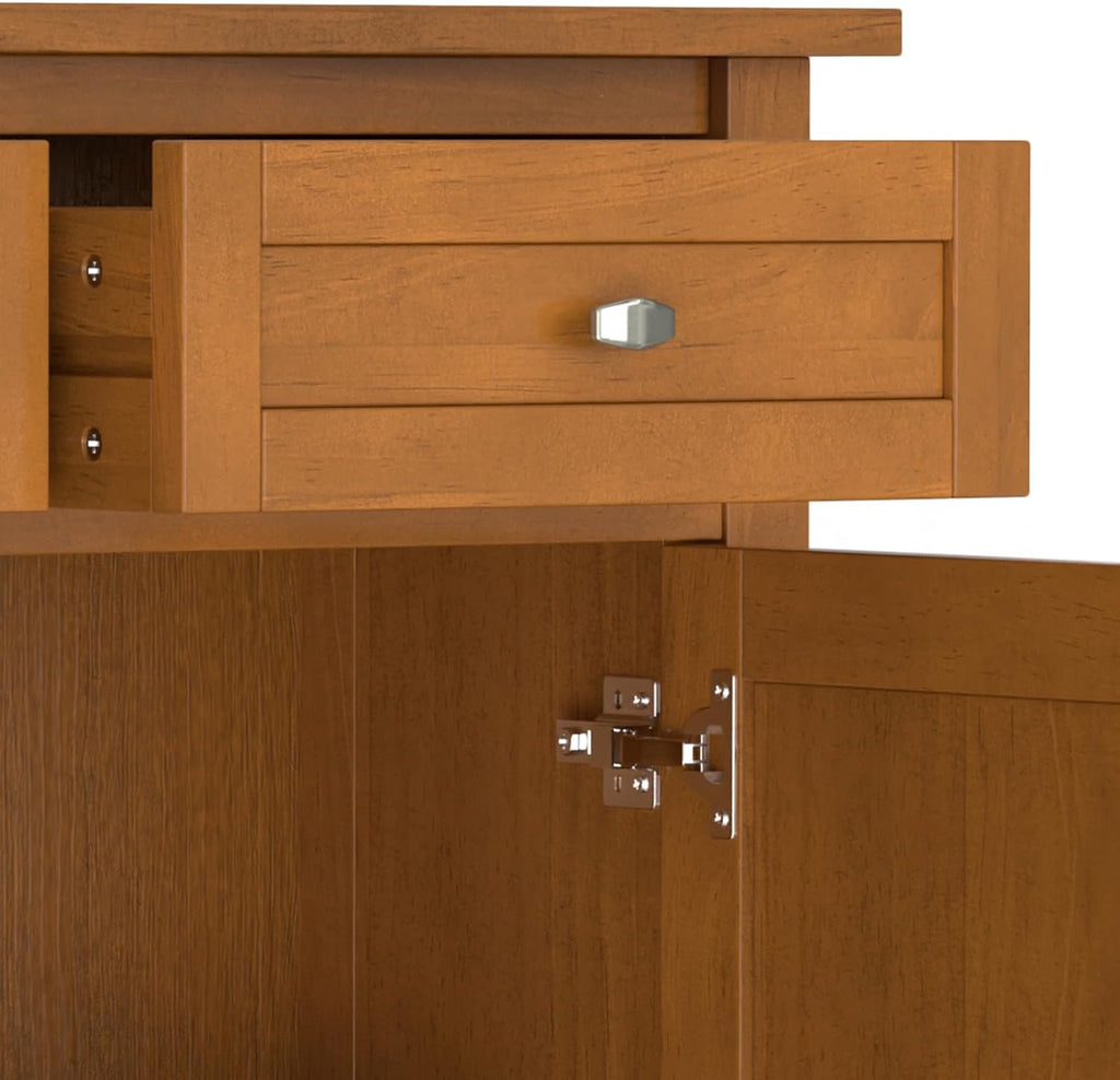 SIMPLIHOME Warm Shaker Storage Cabinet - 36 inch Wide Solid Wood 2-Shelf Entryway Storage Cabinet in Light Golden Brown, Transitional Accent Cabinet for Entryway with Drawers and Adjustable Shelves