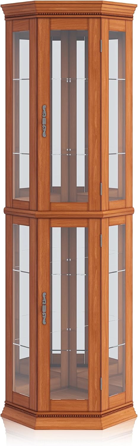 BELLEZE Lighted 3-Side Glass Display Curio Cabinet w/Tempered Glass Doors and Shelves, Accent Wooden Corner Cabinet with Bulb, Corner Storage Decoration Rack for Living Room