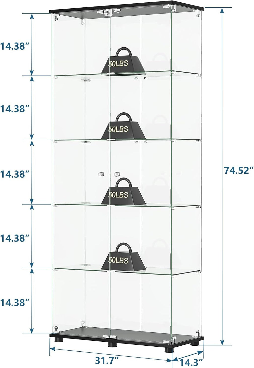 APRILSOUL Glass Display Cabinet 5-Shelf with Double Door, Curio Display Cabinet with 5mm Tempered Glass, Floor Standing Bookshelf for Bedroom, Living Room, 74.5 x 31.7 x 14.3 in, Black