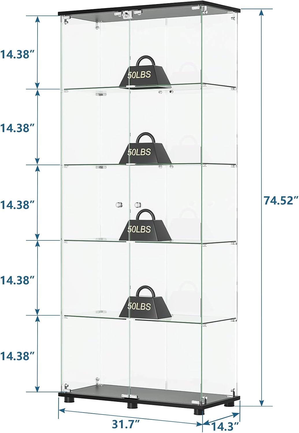 APRILSOUL Glass Display Cabinet 5-Shelf with Double Door, Curio Display Cabinet with 5mm Tempered Glass, Floor Standing Bookshelf for Bedroom, Living Room, 74.5 x 31.7 x 14.3 in, Black