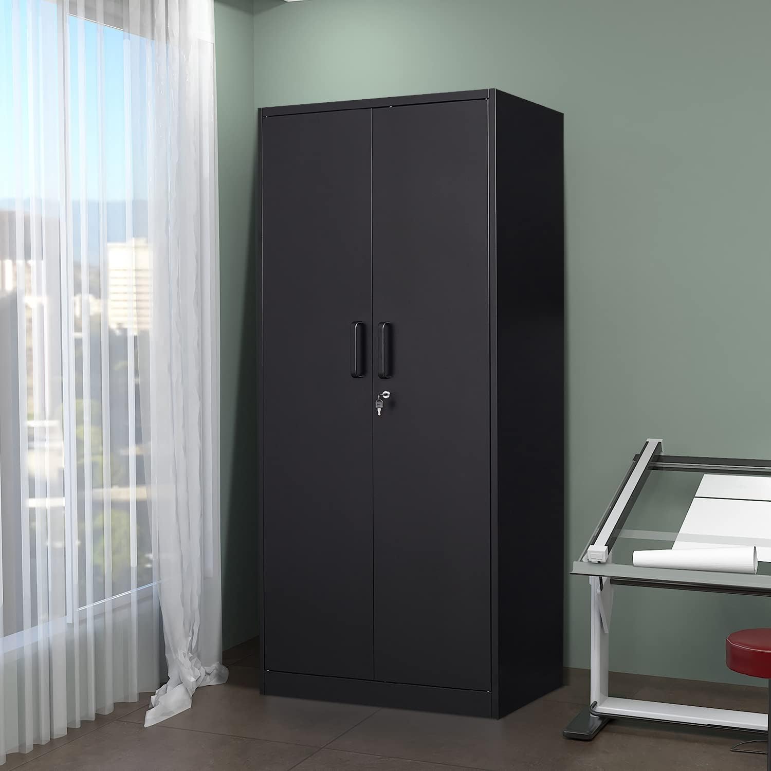 72' Tall Metal Storage Locking Cabinet With 2 Doors and 4 Adjustable Shelves for Home, School, Gym, Garage Storage