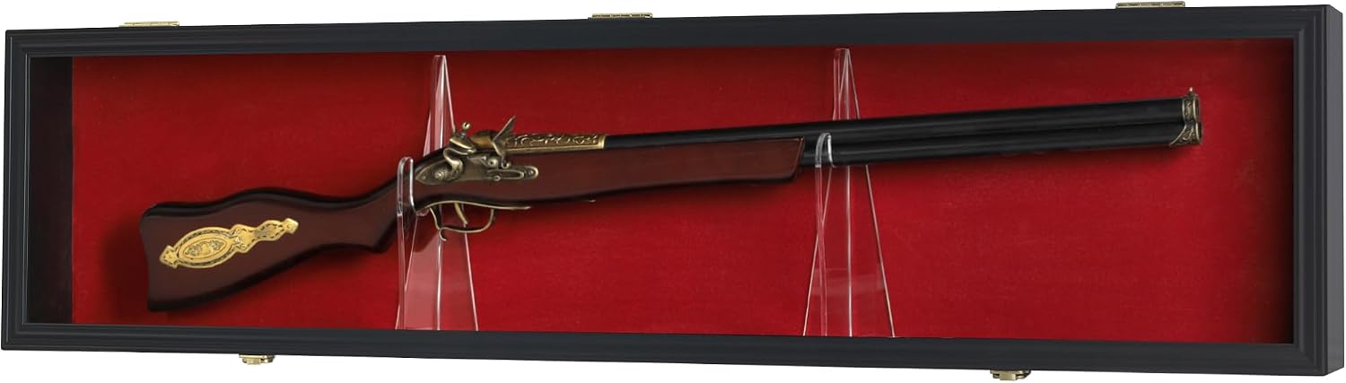 43' Single Rifle Shotgun Display Case Wall Rack Cabinet w/UV Protection, Lock, GN18(RED) (Black)