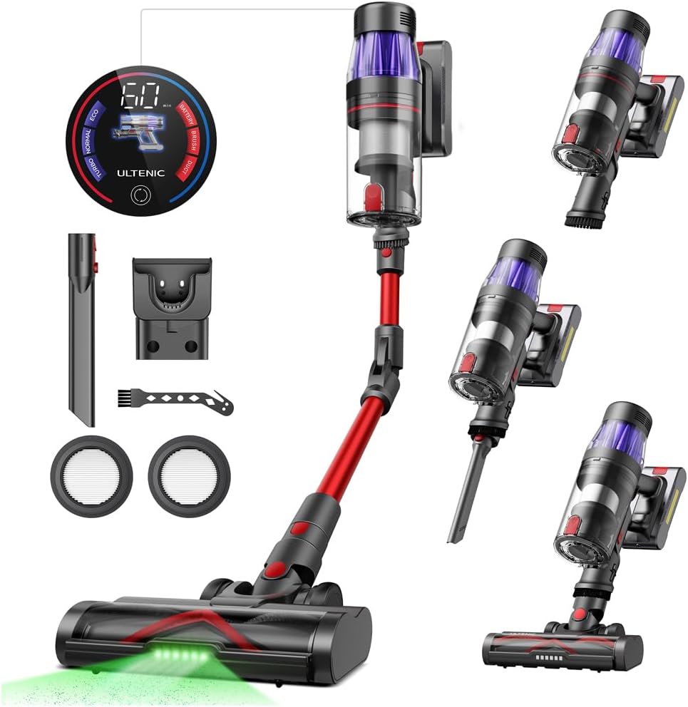 Ultenic Cordless Vacuum Cleaner, 600W 55Kpa 60Mins Vacuum Cleaners for Home, with 180°Bendable Wand, Anti-Tangle Brush, Charging Dock, Stick Vacuum Cordless for Pet Hair/Carpet/Floor/Car