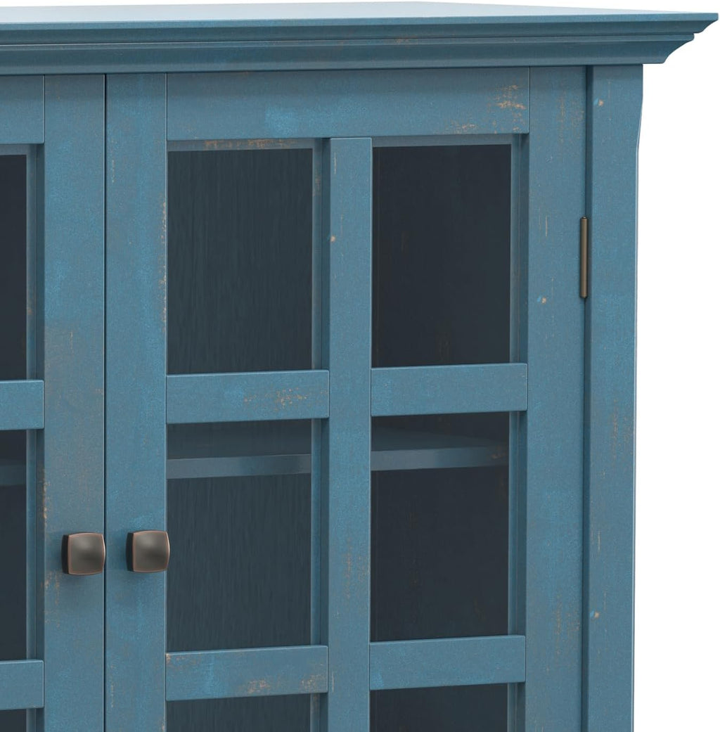 SIMPLIHOME Acadian Storage Cabinet - 39 inch Wide Solid Wood 6-Shelf Medium Storage Cabinet in Distressed Coastal Blue, Transitional Cabinet with Glass Doors for Living Room with Adjustable Shelves