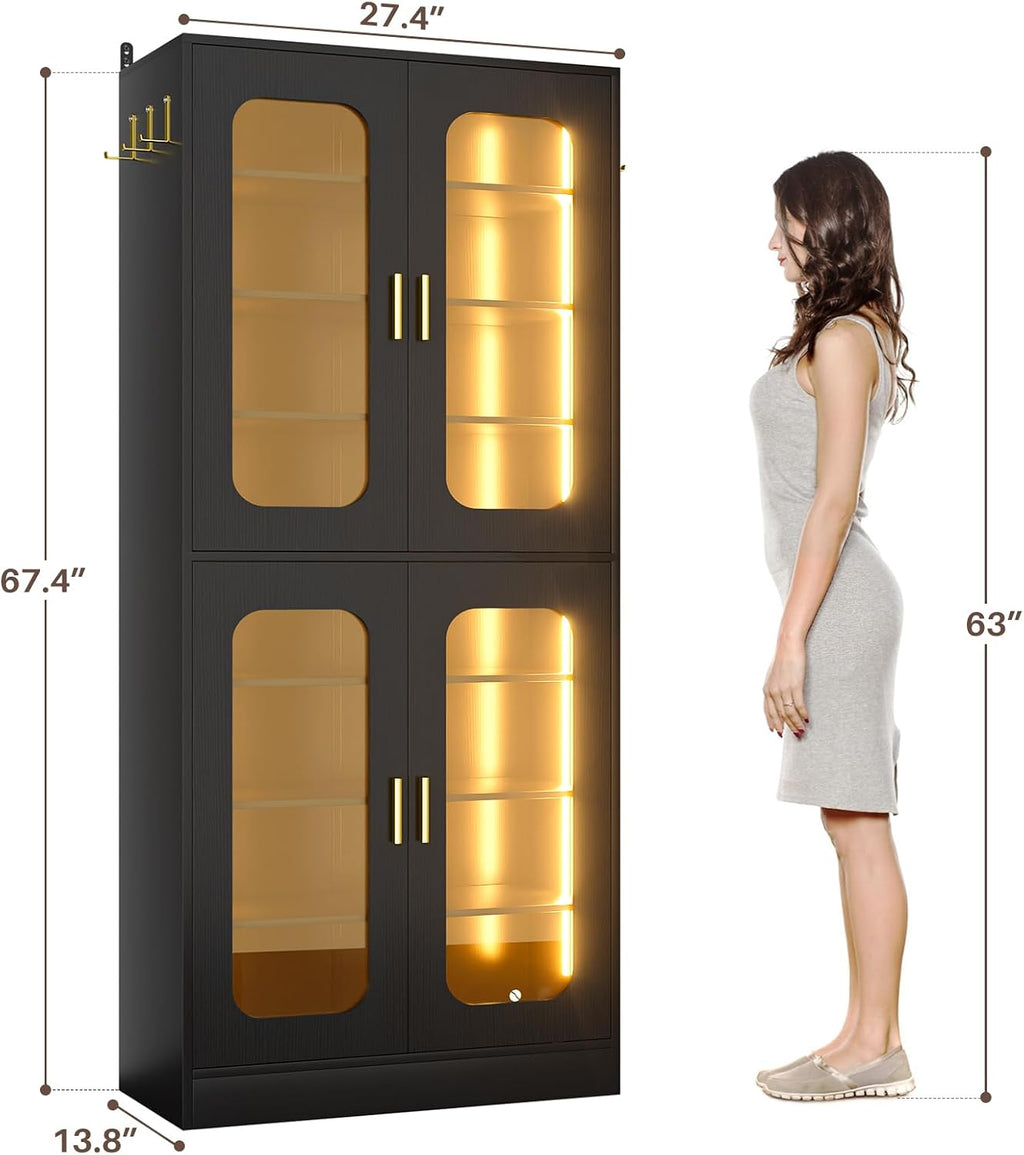Cyclysio 67' Display Cabinet with PC Doors & LED Lighting - 8-Tier Storage Cabinet with 330lb Capacity & Adjustable Shelves for Entryway, Bedroom (Black, Set of 2)