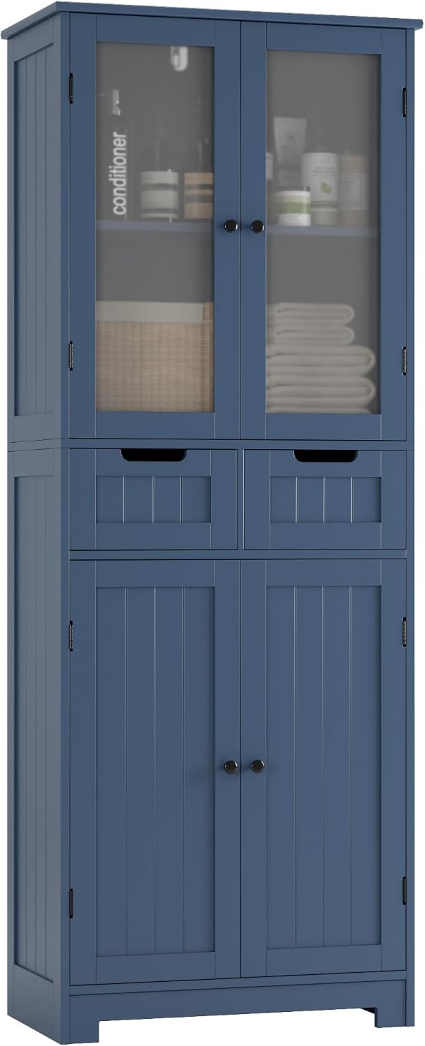 HORSTORS 67' Tall Bathroom Storage Cabinet, Freestanding Storage Cabinet with Glass Door and Shelves, Kitchen Pantry with 2 Drawers for Bathroom, Living Room, Dining Room, Blue