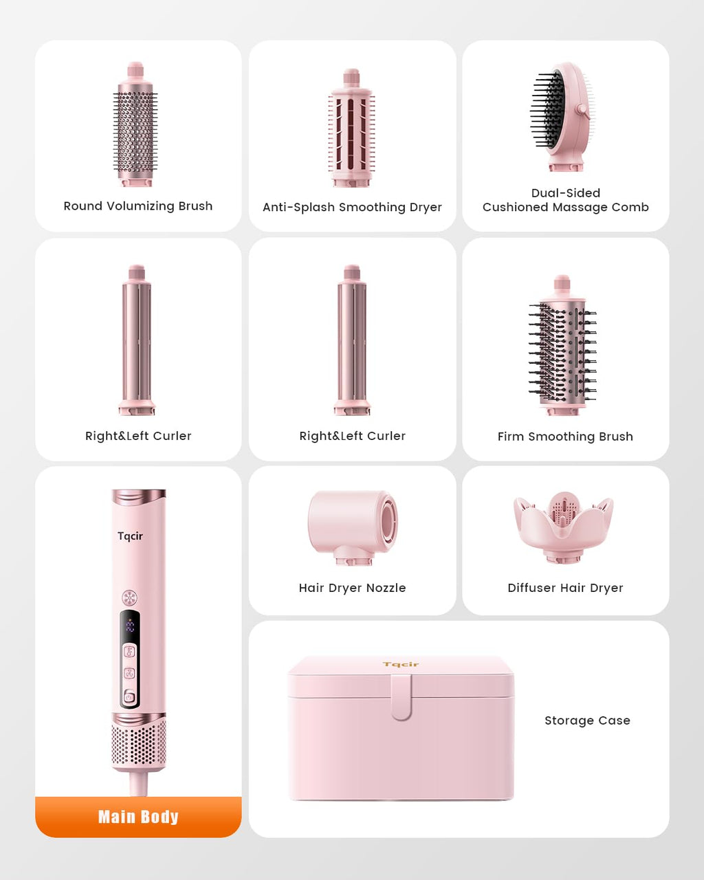 Tqcir 8-in-1 Professional Hot Air Styler&Hair Dryer Brush, Powerful Multi-Styler with Auto-Wrap Curler with Storage Case, Fast Drying Curling Straightening Volumizing Without Heat Damage(Pink)