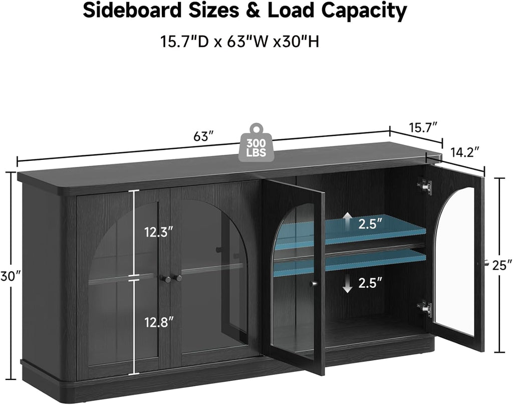 ONBRILL 63 Inch Sideboard Buffet Cabinet, Modern Arched Buffet with Glass Doors, Large Curved Cabinets with Storage, Console Credenza w/Adjustable Shelves for Living Room, Kitchen, Entryway, Black