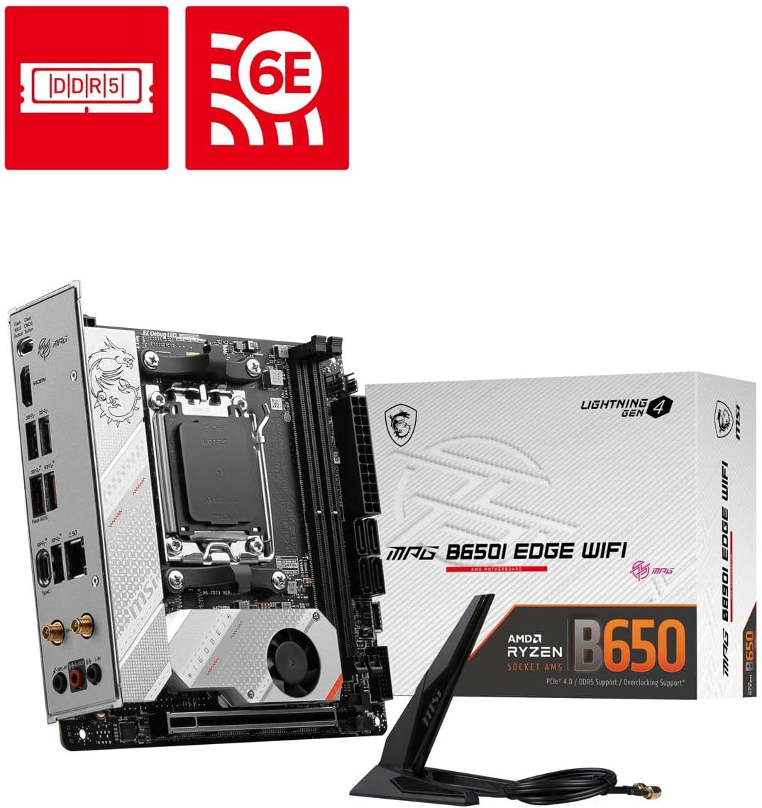MSI MPG B650I Edge WiFi Gaming Motherboard (AMD Ryzen 9000/8000/7000 Series Processors, AM5, DDR5, PCIe 4.0, M.2, SATA 6Gb/s, USB 3.2 Gen 2, HDMI, Wi-Fi 6E, Bluetooth 5.3, 2.5Gbps LAN, Mini-ITX)