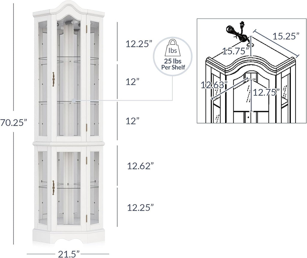 BELLEZE Lighted 3-Side Glass Display Curio Cabinet w/ Tempered Glass Doors and Shelves, Curved Wood Corner Cabinet with Bulb, Corner Storage Rack (White)