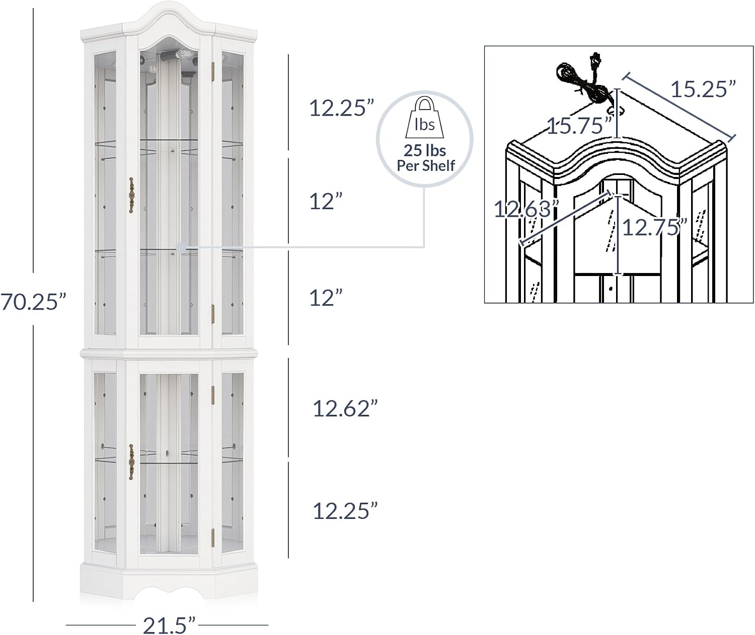 BELLEZE Lighted 3-Side Glass Display Curio Cabinet w/ Tempered Glass Doors and Shelves, Curved Wood Corner Cabinet with Bulb, Corner Storage Rack (White)