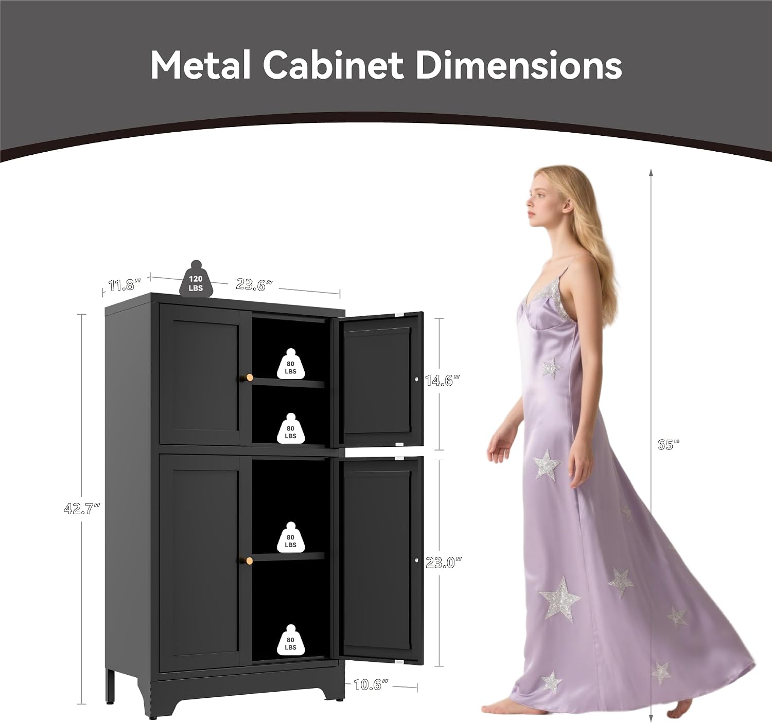 Bevivog Black Metal Locker Cabinet with 4 Doors, Metal Sideboard Cabinet Coffee Bar Storage Accent Cabinets for Home Office, Kitchen Living Room, Hallway, Entryway