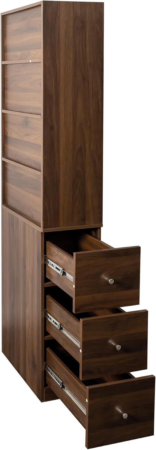 JOSHEN 71' Modern Wooden Melamine Finish Showcase Cabinet, Lego Display Case with 4-Tier Shelves, Lego Display Shelves with 3 Side Drawers for Living Rooms, Home Offices, Kitchens, Walnut